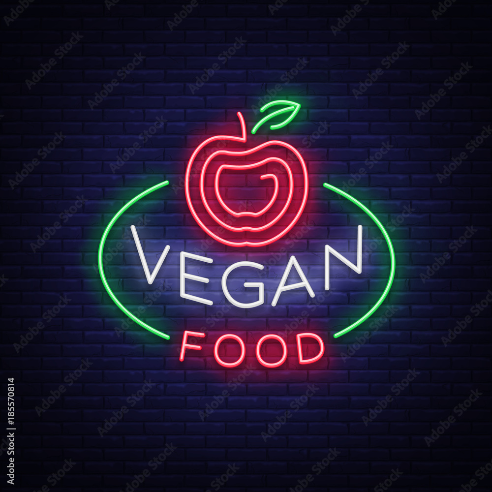 Vegan logo Neon sign, vegan symbol, bright luminous sign, neon night
