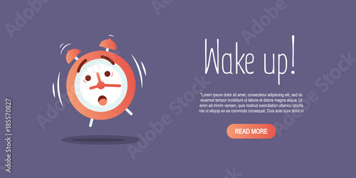 Vector cartoon illustration wakeup clock with text Wake up.