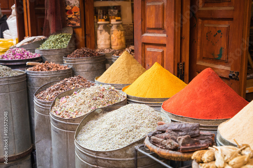 Selection of spices on a traditional Moroccan market (souk) in Marrakech, Morocco photo