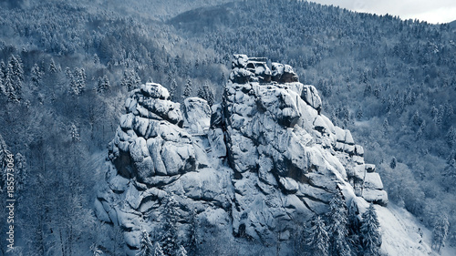 Winter in Carpathian Mountains. High-altitude aerial shot photo