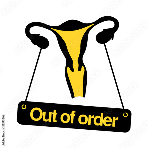 Uterus and ovary are out of order. Problem, trouble and difficulties with infertility, sterility and inability to get pregnant after menopause of woman and female. Vector illustration