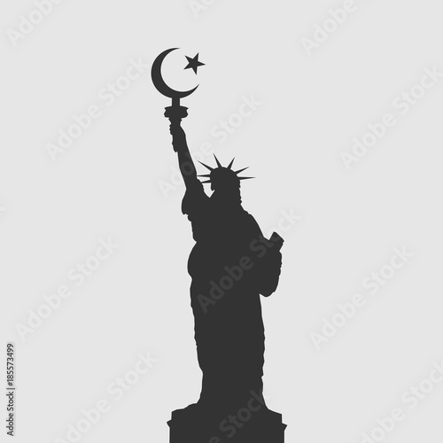 Statue of Liberty with crescent symbol. Metaphor of Islam as predominant religion, tradition and culture in United States of America. Believers and worshippers of islam, Muslims, as majority in USA