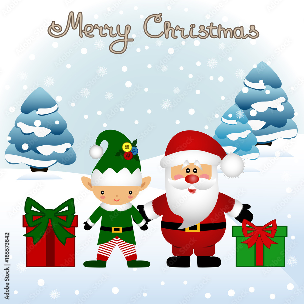 Christmas card. Funny postcard with Christmas Elf and Santa. Christmas card. Funny postcard with Christmas Elf and Santa.