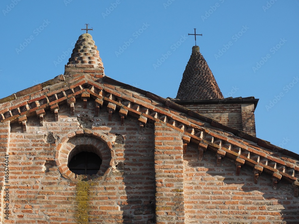  Ancient fourteenth-century church of San Venanzio. Detail, church and bell tower, crosses.
