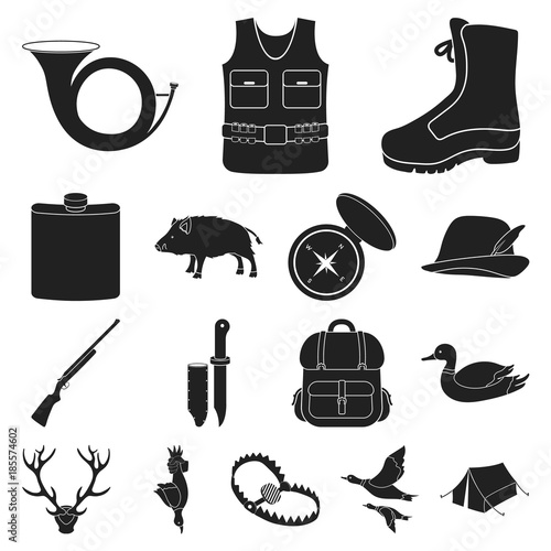 Hunting and trophy black icons in set collection for design. Hunting and equipment vector symbol stock web illustration.