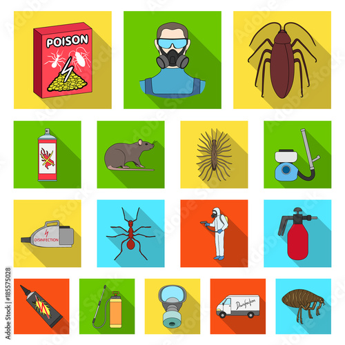 Pest, poison, personnel and equipment flat icons in set collection for design. Pest control service vector symbol stock web illustration.