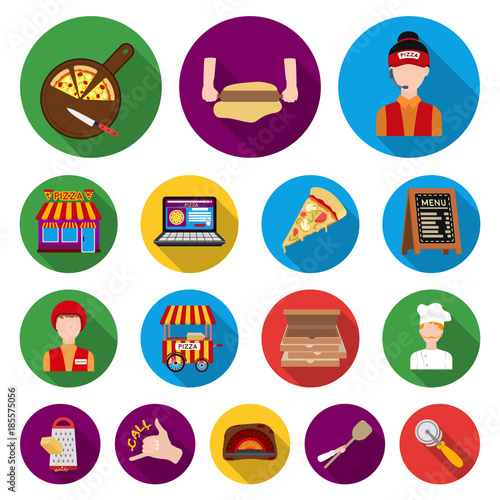 Pizza and pizzeria flat icons in set collection for design. Staff and equipment vector symbol stock web illustration.