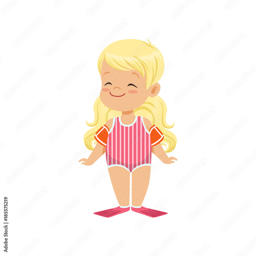 Lovely blonde little girl wearing swimming sleeves, kid playing at the beach, happy infants outdoor activity on summer vacations vector Illustration Lovely blonde little girl wearing swimming sleeves, kid playing at the beach, happy infants outdoor activity on summer vacations vector Illustration