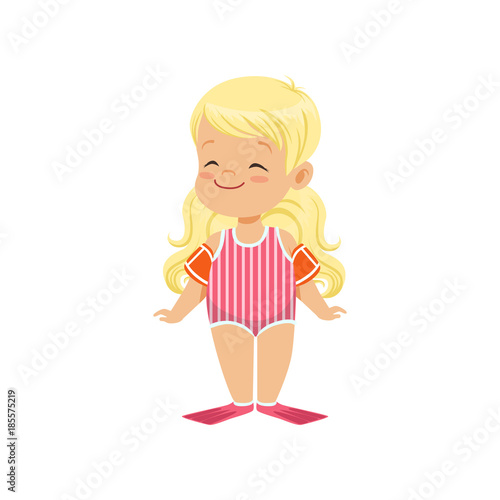 Lovely blonde little girl wearing swimming sleeves, kid playing at the beach, happy infants outdoor activity on summer vacations vector Illustration