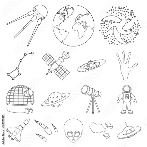 Space technology outline icons in set collection for design.Spacecraft and equipment vector symbol stock web illustration.