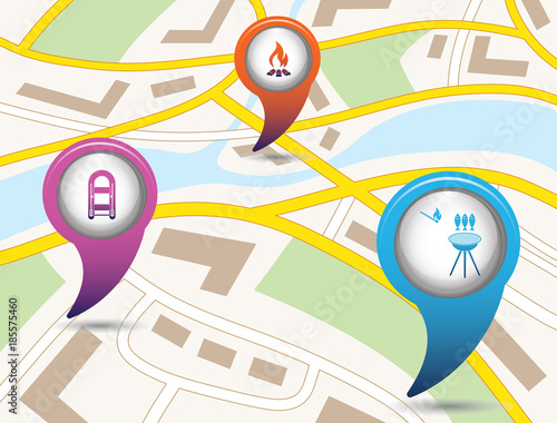 Set of tourism service map pointers on map