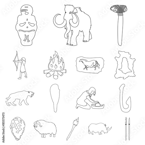 Life in the Stone Age outline icons in set collection for design. Ancient people vector symbol stock web illustration.