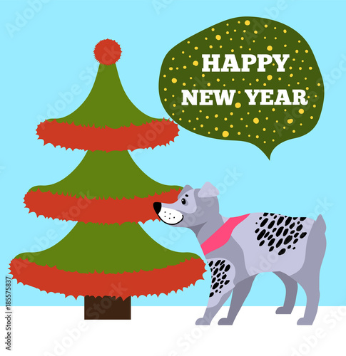 Happy New Years Placard with Tree and Puppy Icons