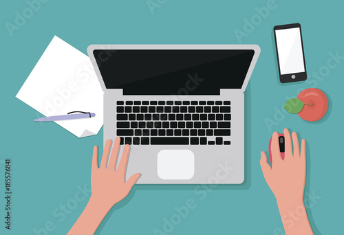 Laptop is on blue table