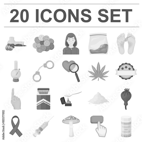 Drug addiction and attributes monochrome icons in set collection for design. Addict and Drug vector symbol stock web illustration.