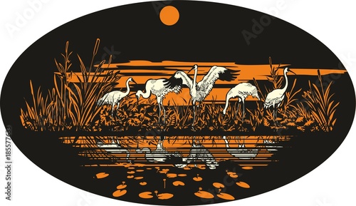 Siberian white crane near the water at dawn.