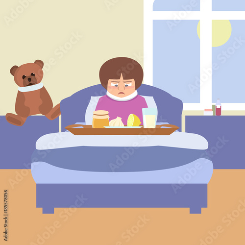 sad kid with grandma's remedies tray vector