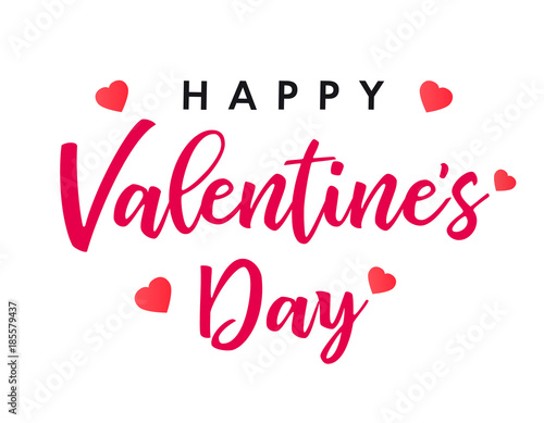 Lettering Happy Valentines Day banner. Valentines Day greeting card template with typography text happy valentine`s day and red hearts on background. Vector illustration
