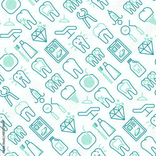 Dentist seamless pattern with thin line icons of tooth, implant, dental floss, crown, toothpaste, medical equipment. Modern vector illustration.