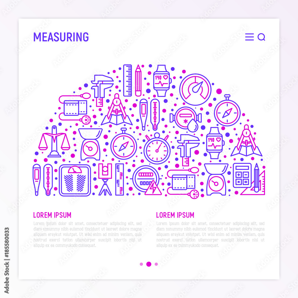 Measuring concept in half circle with thin line icons: stopwatch, weight scales, speedometer, smart watch, brass scales, thermometer. Modern vector illustration for web page, banner, print media.