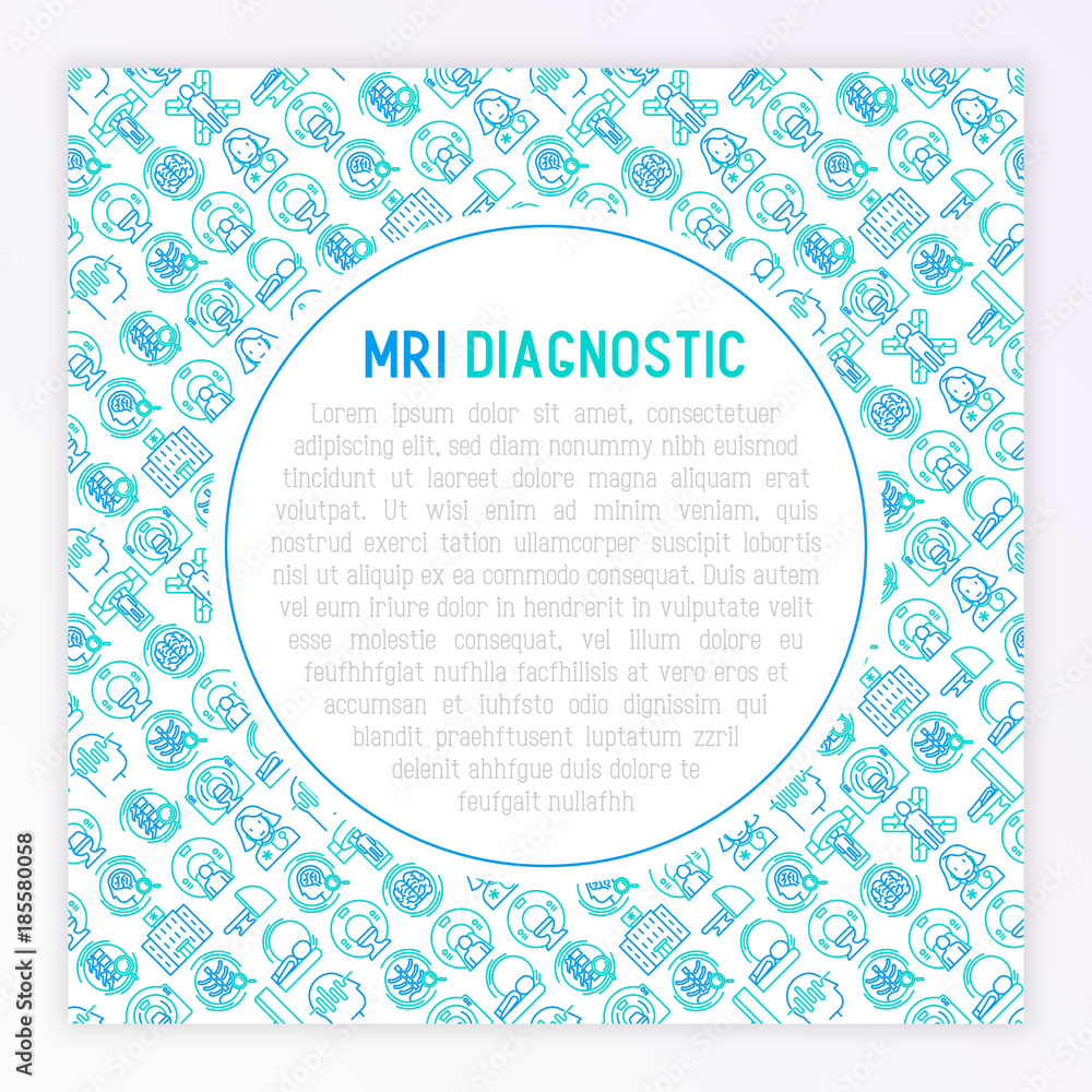 MRI diagnostics concept with thin line icons. Modern vector illustration of laboratory equipment for web page template, print media, banner. MRI diagnostics concept with thin line icons. Modern vector illustration of laboratory equipment for web page template, print media, banner.