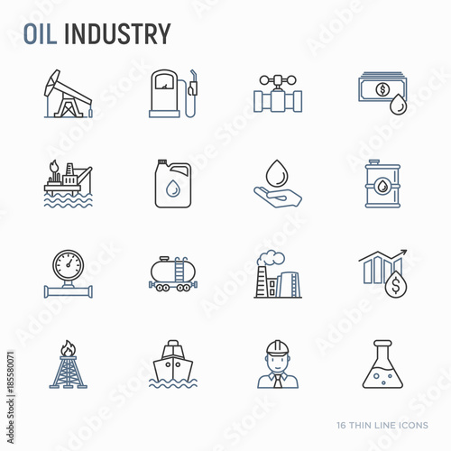 Oil industry thin line icons set: gas, petroleum, diesel, truck, tanker, ship, refinery, barrel. Modern vector illustration.
