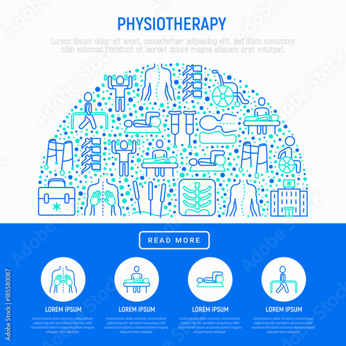 Physiotherapy concept in circle with thin line icons: rehabilitation, acupuncture, massage, gymnastics, go-carts, vertebrae; x-ray, crutches, wheelchair. Vector illustration, web page template.