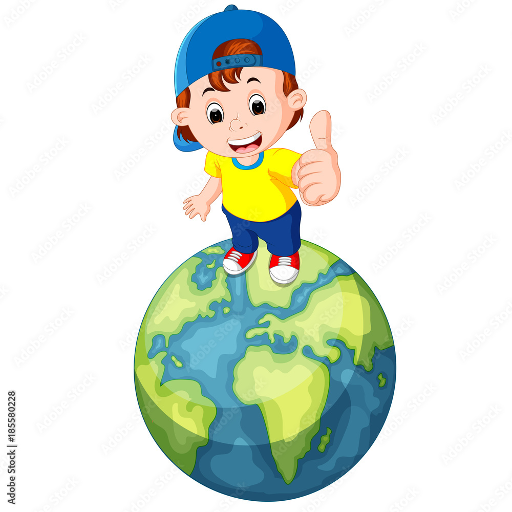 cute boy standing on the world and giving you thumbs up cute boy standing on the world and giving you thumbs up