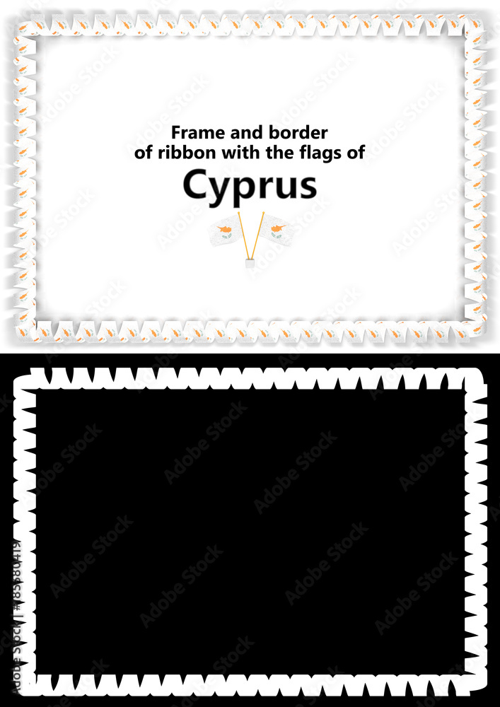 Frame and border of ribbon with the Cyprus flag for diplomas, congratulations, certificates. Alpha channel. 3d illustration Frame and border of ribbon with the Cyprus flag for diplomas, congratulations, certificates. Alpha channel. 3d illustration