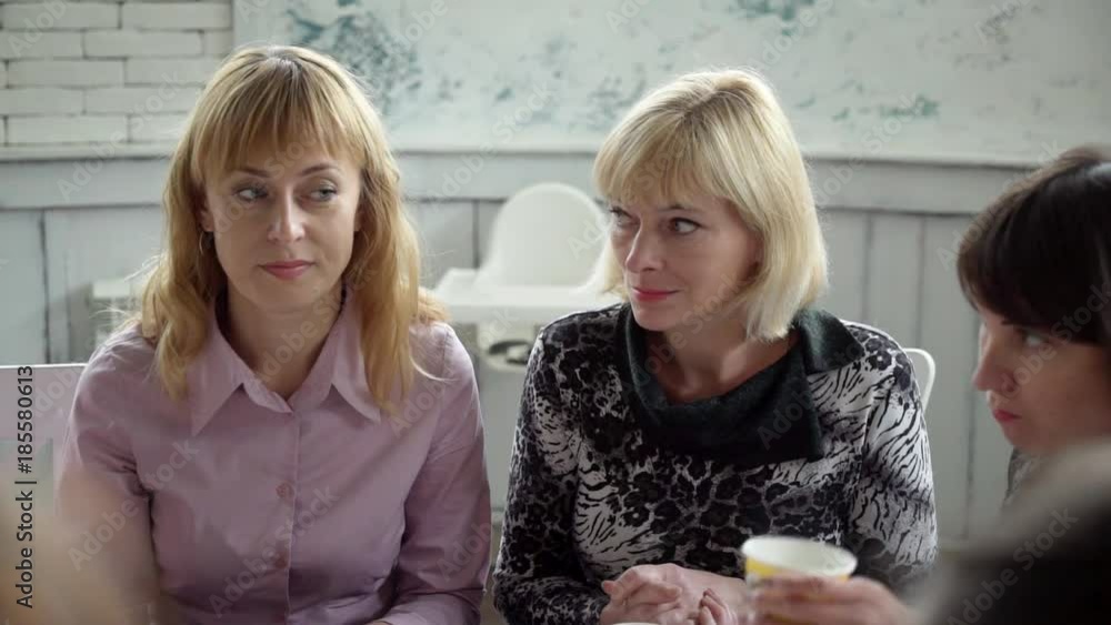 Women are drinking tea in a cafe. Colleagues in a cafe for a cup of tea discuss the work plan. Women are drinking tea in a cafe. Colleagues in a cafe for a cup of tea discuss the work plan.