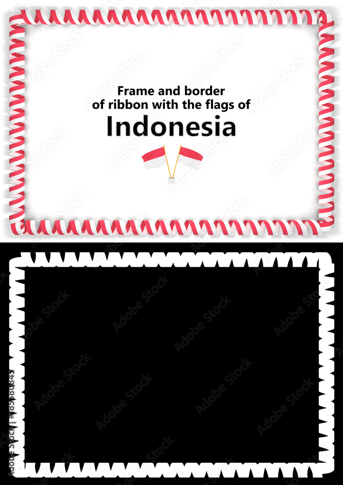 Frame and border of ribbon with the Indonesia flag for diplomas, congratulations, certificates. Alpha channel. 3d illustration