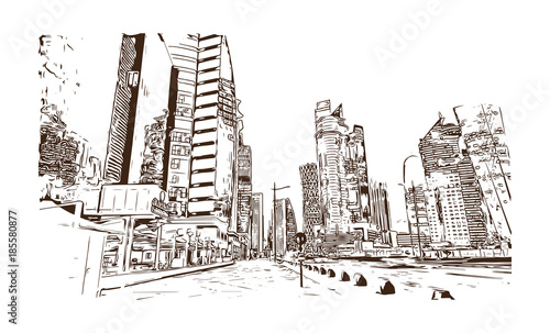 Skyline Doha City, Qatar. Hand drawn sketch in vector illustration.