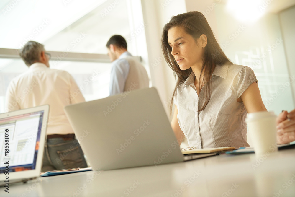 Businesswoman in office working on laptop computer, team in background Businesswoman in office working on laptop computer, team in background