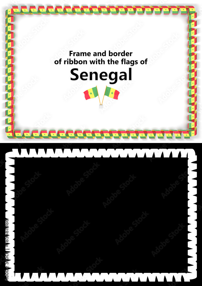 Frame and border of ribbon with the Senegal flag for diplomas, congratulations, certificates. Alpha channel. 3d illustration Frame and border of ribbon with the Senegal flag for diplomas, congratulations, certificates. Alpha channel. 3d illustration