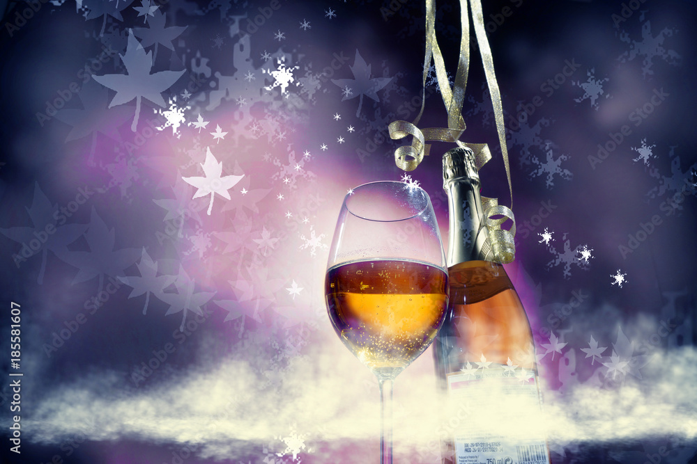 A bottle of champagne and a glass of wine with party theme background.