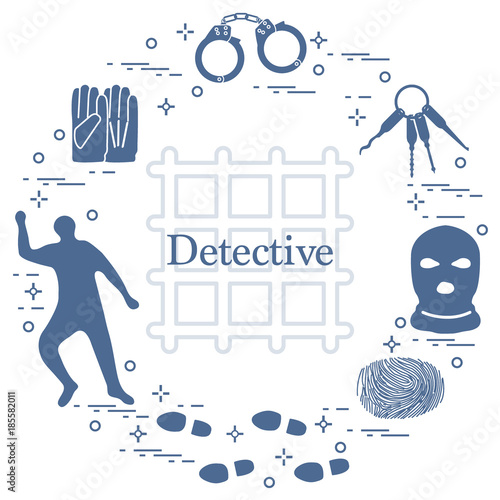 Criminal and detective elements. Crime, law and justice vector icons.