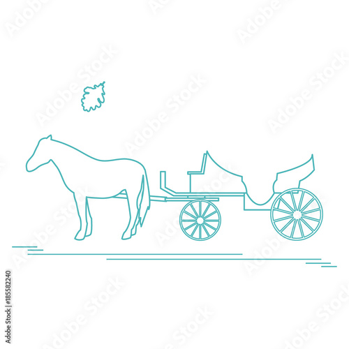 Vector illustration with horse-drawn carriage and oak leaf. Travel and leisure. © aquamarine_paint