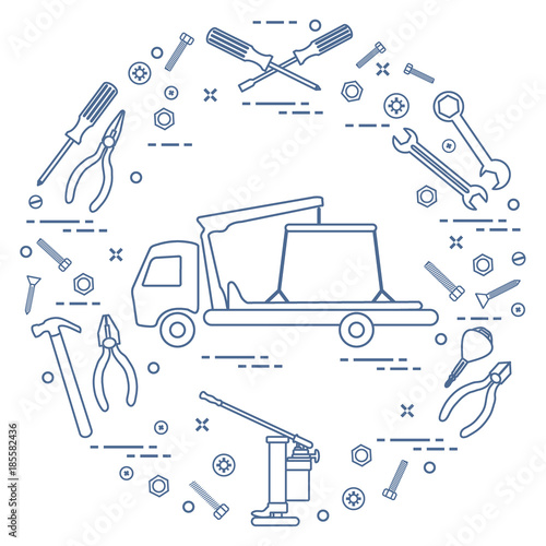 Repair cars: tow truck, wrenches, screws, key, pliers, jack, hammer, screwdriver.