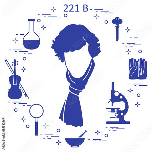 Private detective Sherlock Holmes with variety tools and equipment. The hero of the popular TV series.