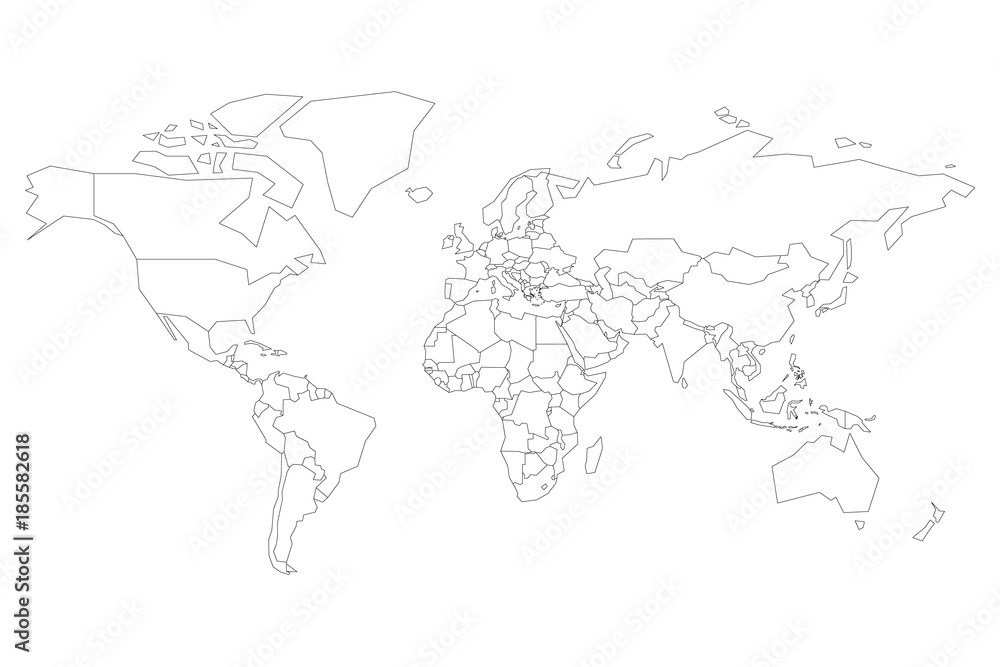 Political map of World. Blank map for school quiz. Simplified black thin outline on white background.