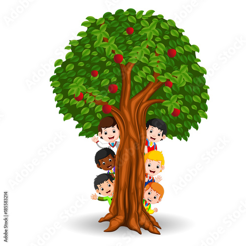 Kids playing in an apple tree