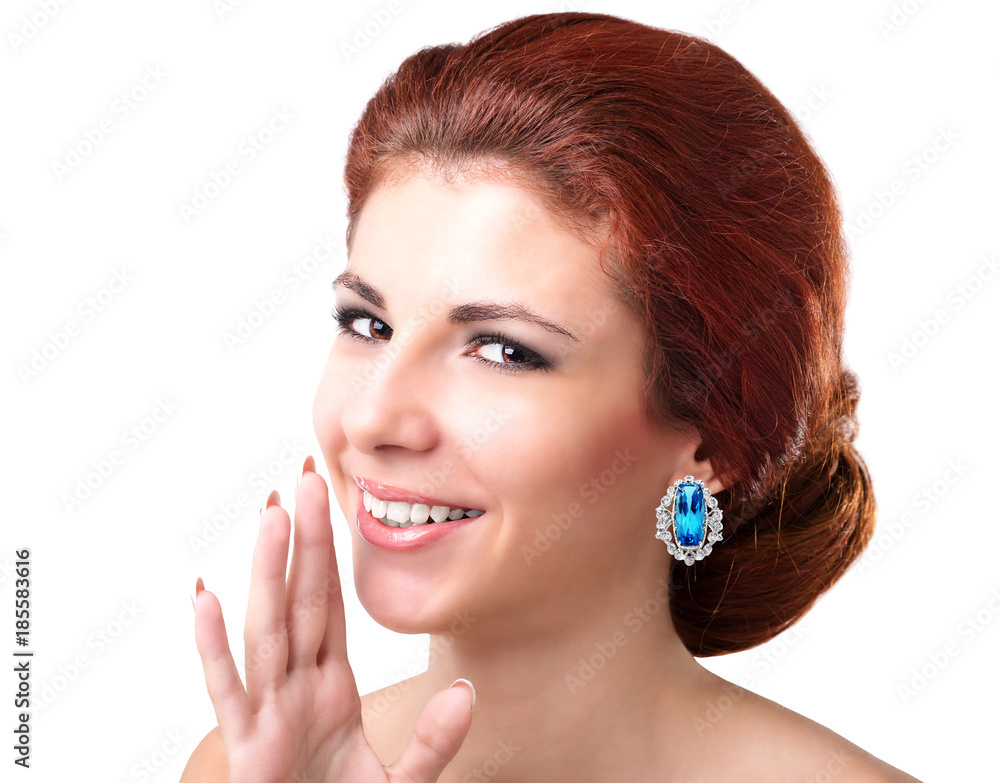 Fototapeta premium Beautiful happy woman with big diamond earring