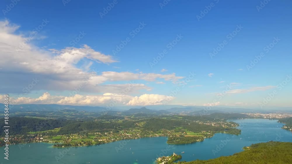 Lake WortherSee, Austria, Europe. View from biggest wooden tower in the world, PyramidenKogel, 300 ft high. Lake WortherSee, Austria, Europe. View from biggest wooden tower in the world, PyramidenKogel, 300 ft high.