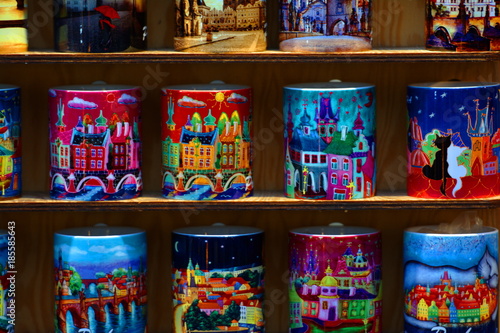 Colorful cups in a market sale in Prague, Close up. © Andrey