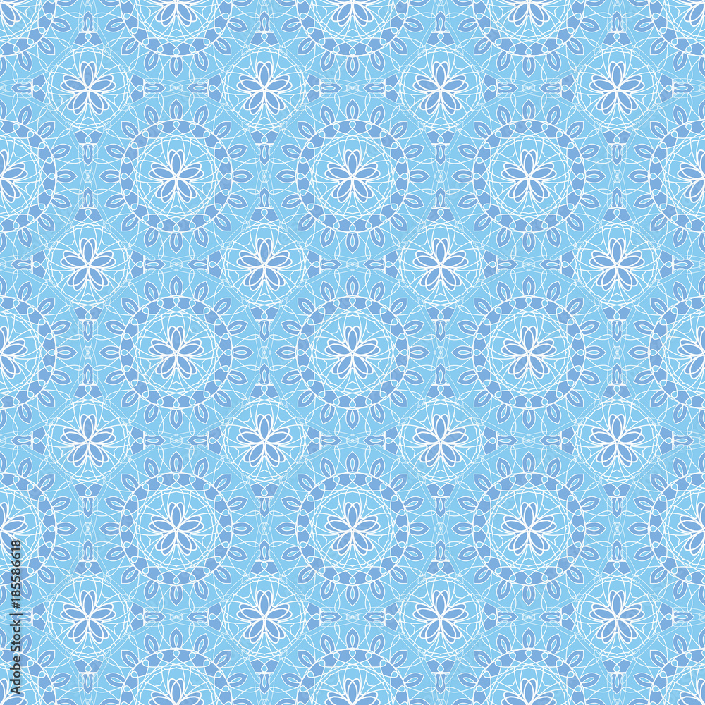 Seamless pattern with blue flowers on blue background.