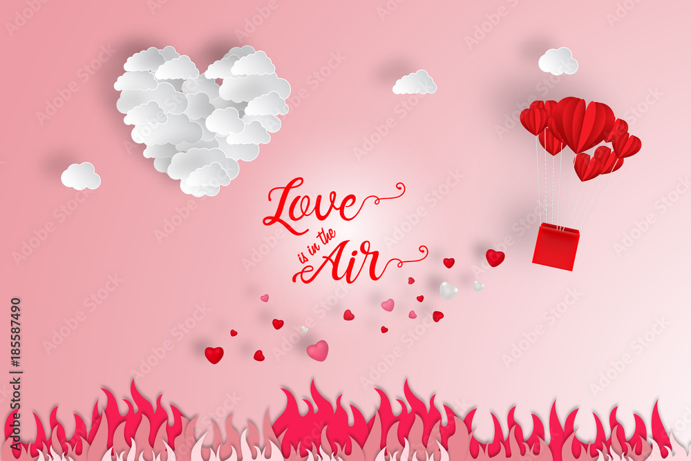 Love is in the air typography for valentines day with paper cut red heart shape balloon flying and hearts decorations in white background. Vector illustration.