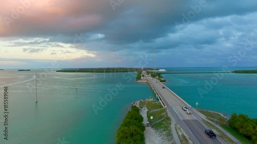 Bridge of Keys Islands at sunset, aerial view of Florida