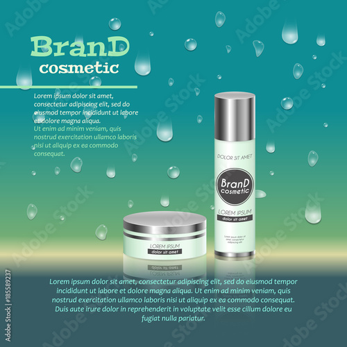 3D realistic cosmetic bottle ads template. Cosmetic brand advertising concept design with water bubbles and waterdrops background