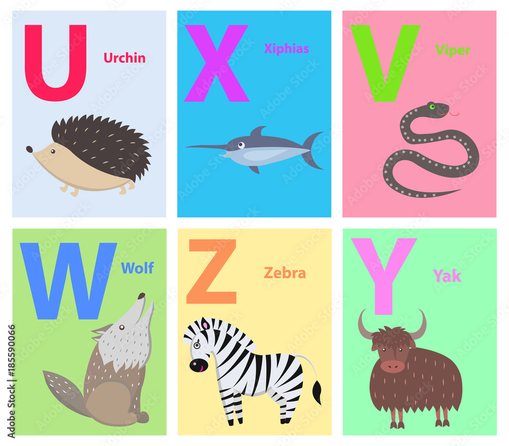 Alphabet Letters U, X, V, W, Z, Y Set with Animal Stock Vector | Adobe Stock