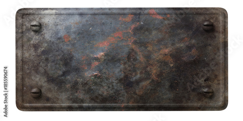 Foto Rusty black metal plate with bolts isolated on white background